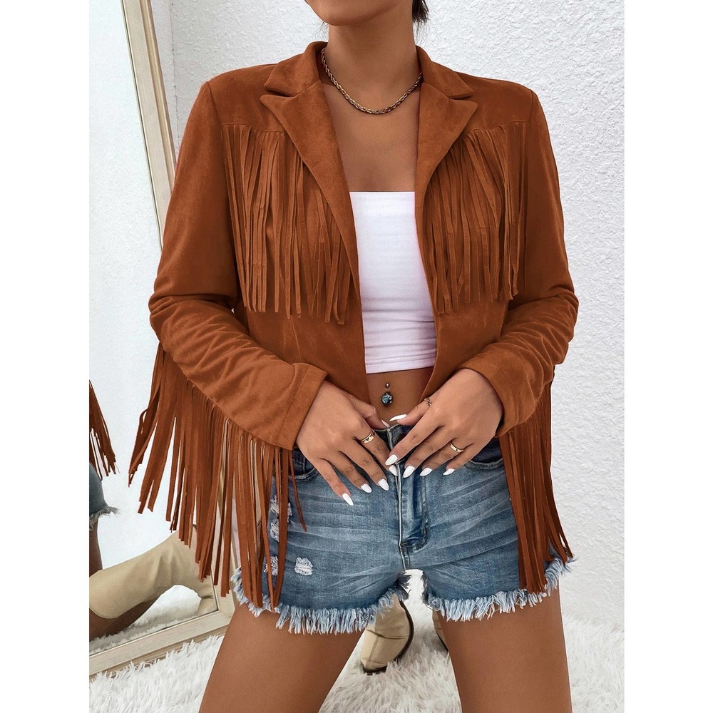 boho cowboy Fringe Trim Open Front Jacket vegan suede hot pink - Picture 4 of 11